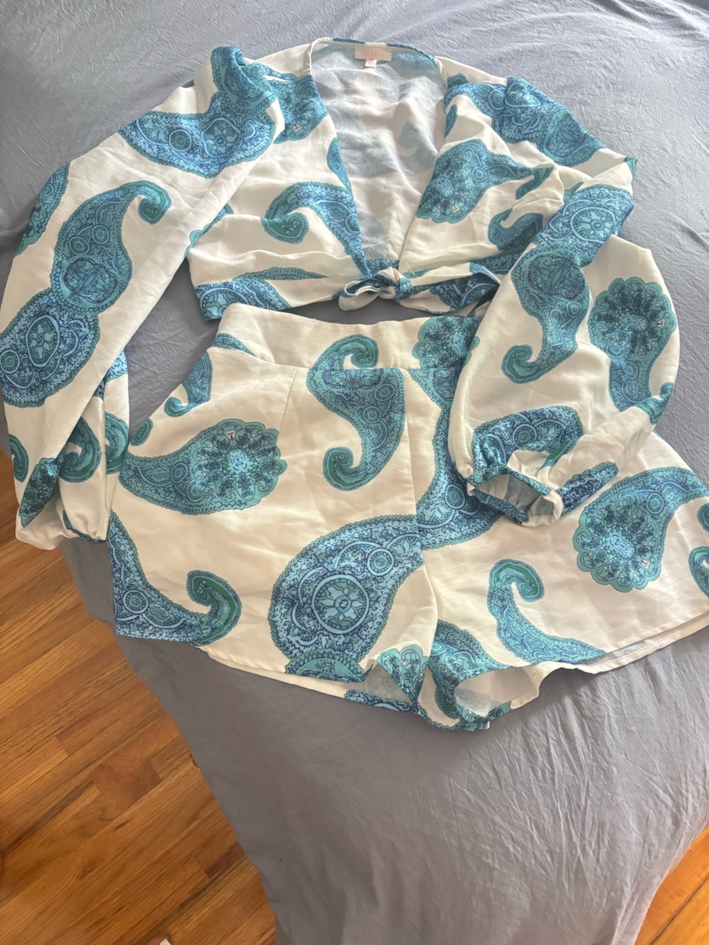Luxxel Cream Dress with Teal and Aqua Paisley Accents